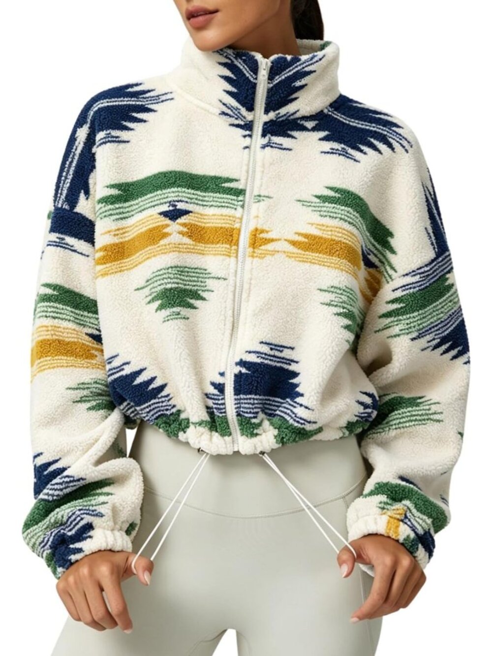 Women's Geometry Fleece Full ZIP Stand Collar Baggy Cropped Short Sherpa Jacket